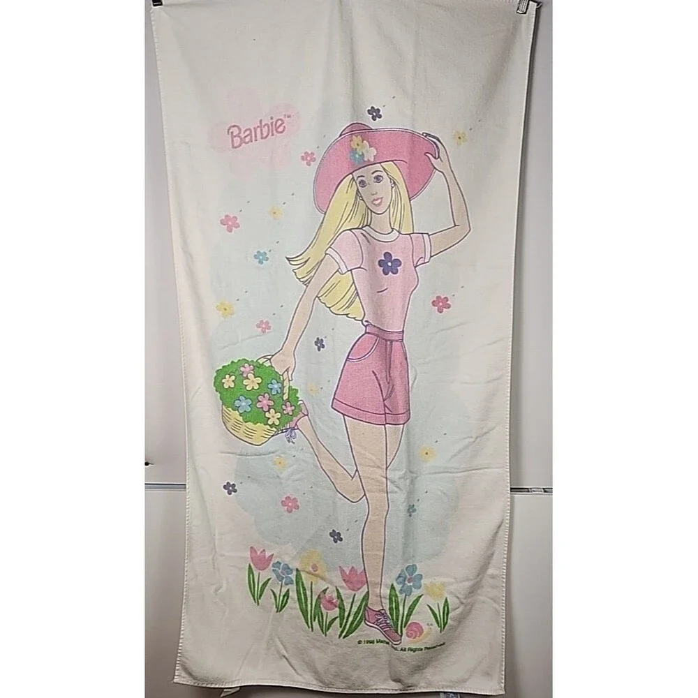 Vtg 1998 Barbie Mattel Beach Bath Towel Flower Shop by Franco 48 x 27